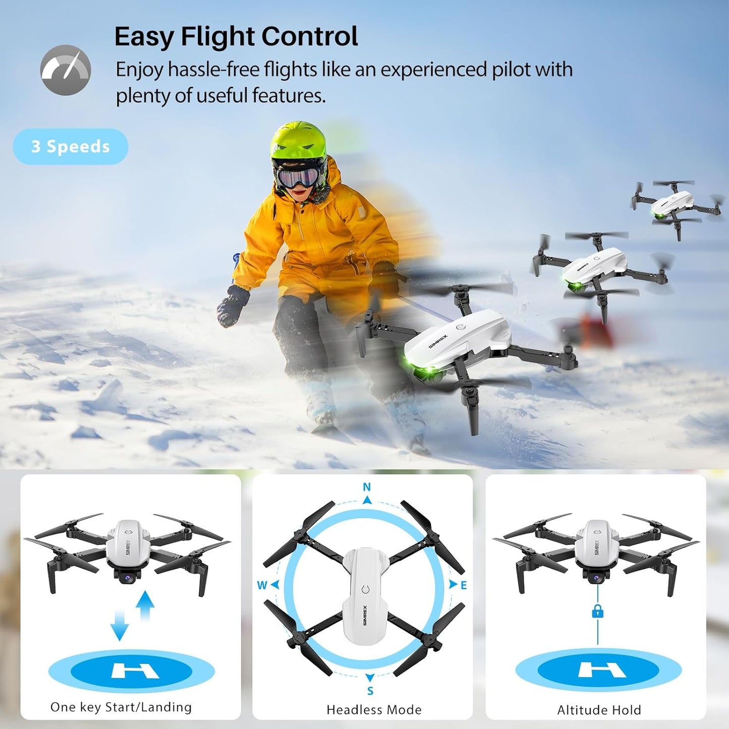 SIMREX X800 Drone with Camera for Adults Kids, 1080P FPV Foldable Quadcopter with 90° Adjustable Lens, RGB Lights, 360° Flips, One Key Take Off/Landing, Altitude Hold, 2 Batteries