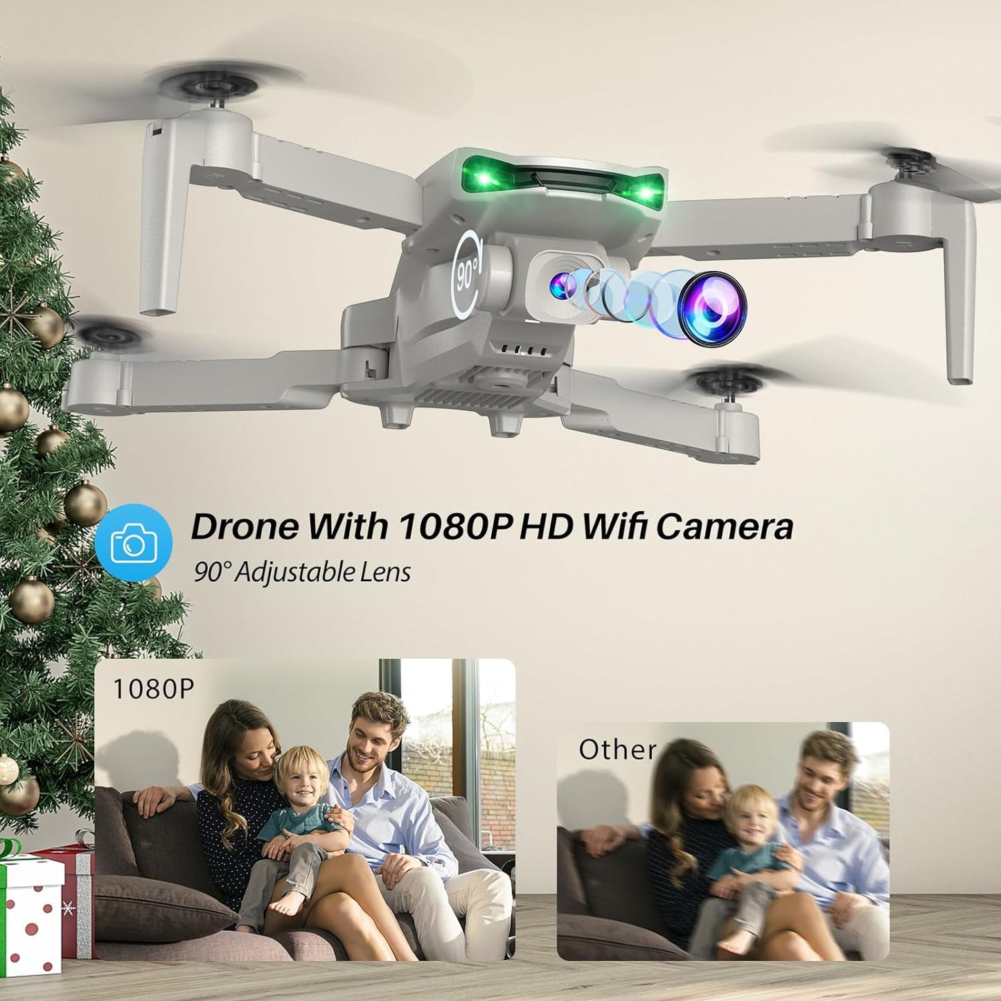 SIMREX X800 Drone with Camera for Adults Kids, 1080P FPV Foldable Quadcopter with 90° Adjustable Lens, RGB Lights, 360° Flips, One Key Take Off/Landing, Altitude Hold, 2 Batteries