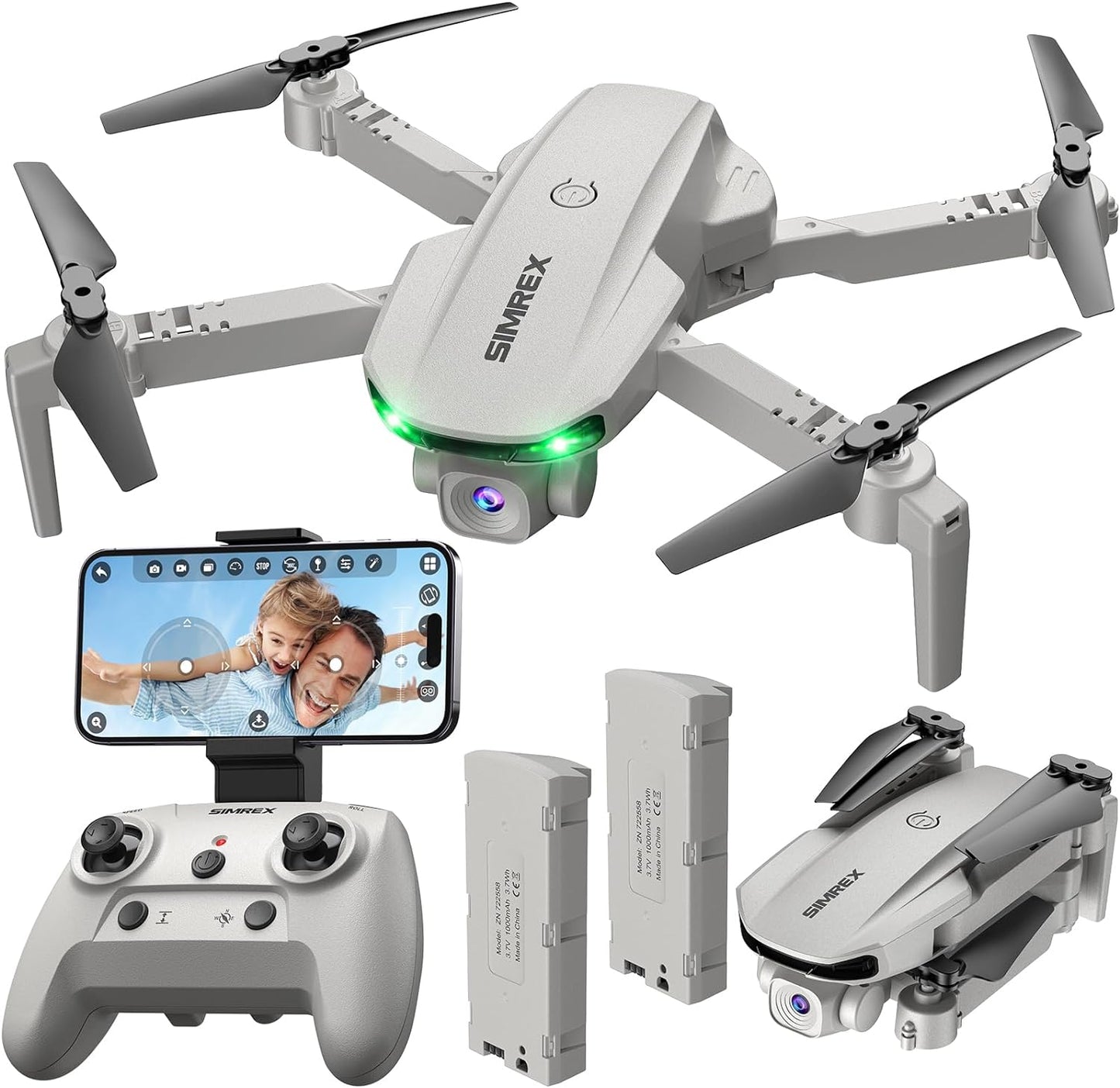 SIMREX X800 Drone with Camera for Adults Kids, 1080P FPV Foldable Quadcopter with 90° Adjustable Lens, RGB Lights, 360° Flips, One Key Take Off/Landing, Altitude Hold, 2 Batteries