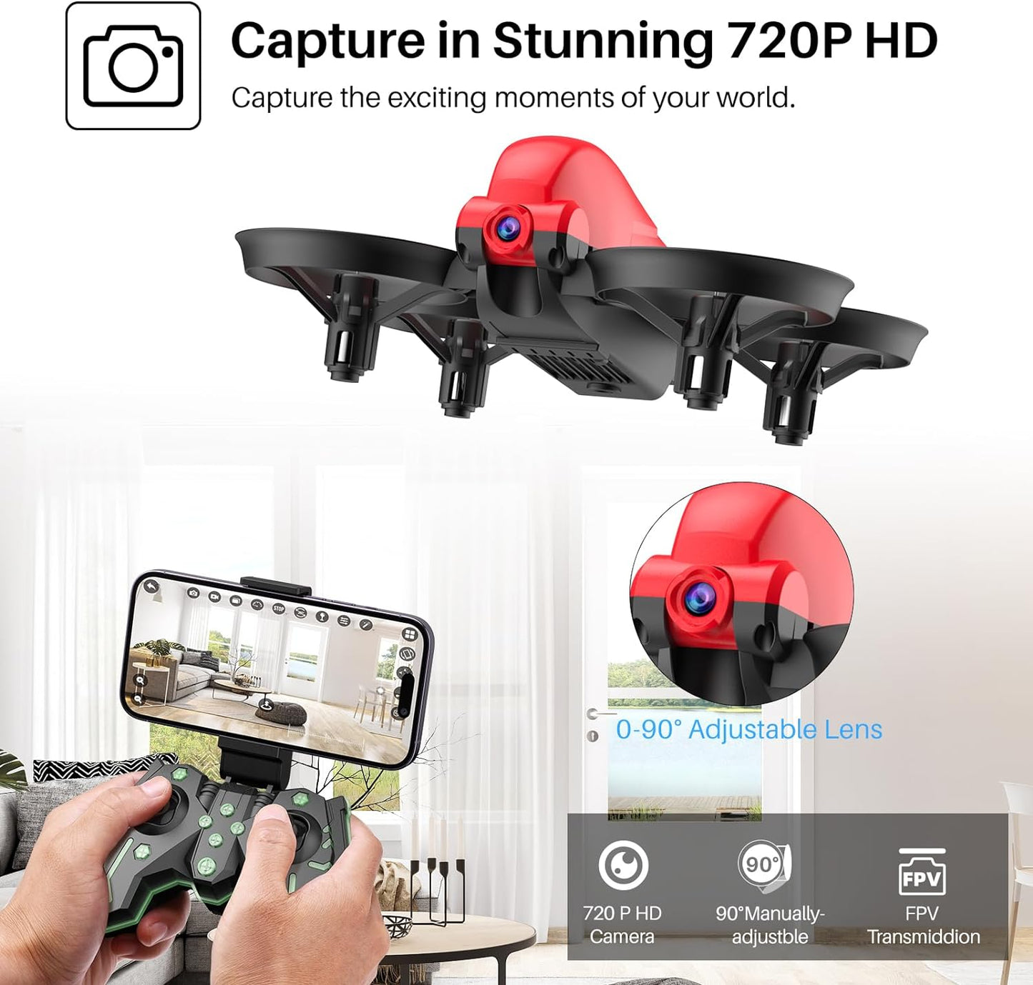 SIMREX X700 Drone with 720 HD Camera, WiFi FPV Live Video, 6-Axis RC Quadcopter, Altitude Hold & Headless Mode, Optical Flow Positioning, One Key Take Off/Land App Control with 360°Flip for Beginners