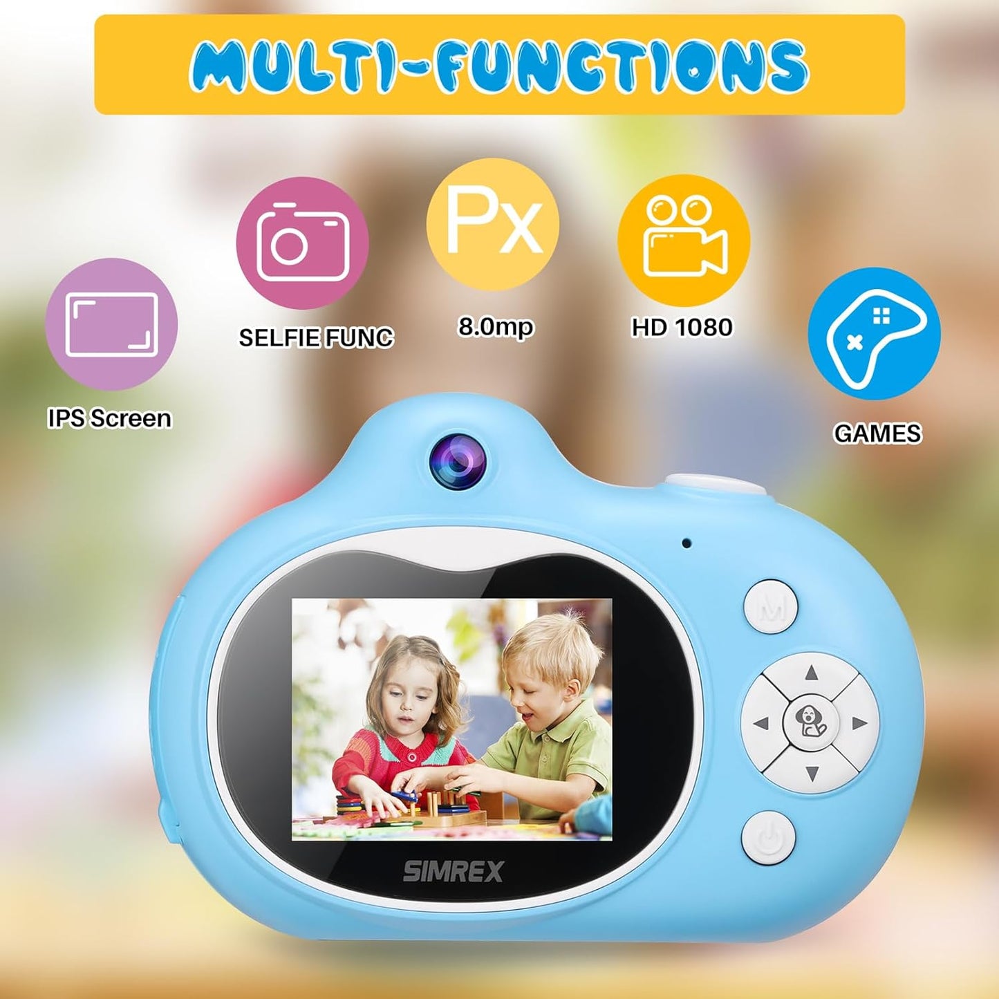 Simrex Kids Camera, Mini Children Digital Camera for Kids Video Camcorder Shockproof Toys with 2.0" IPS HD Screen, Bluetooth Speaker Gift for Child Included 32GB TF Cards