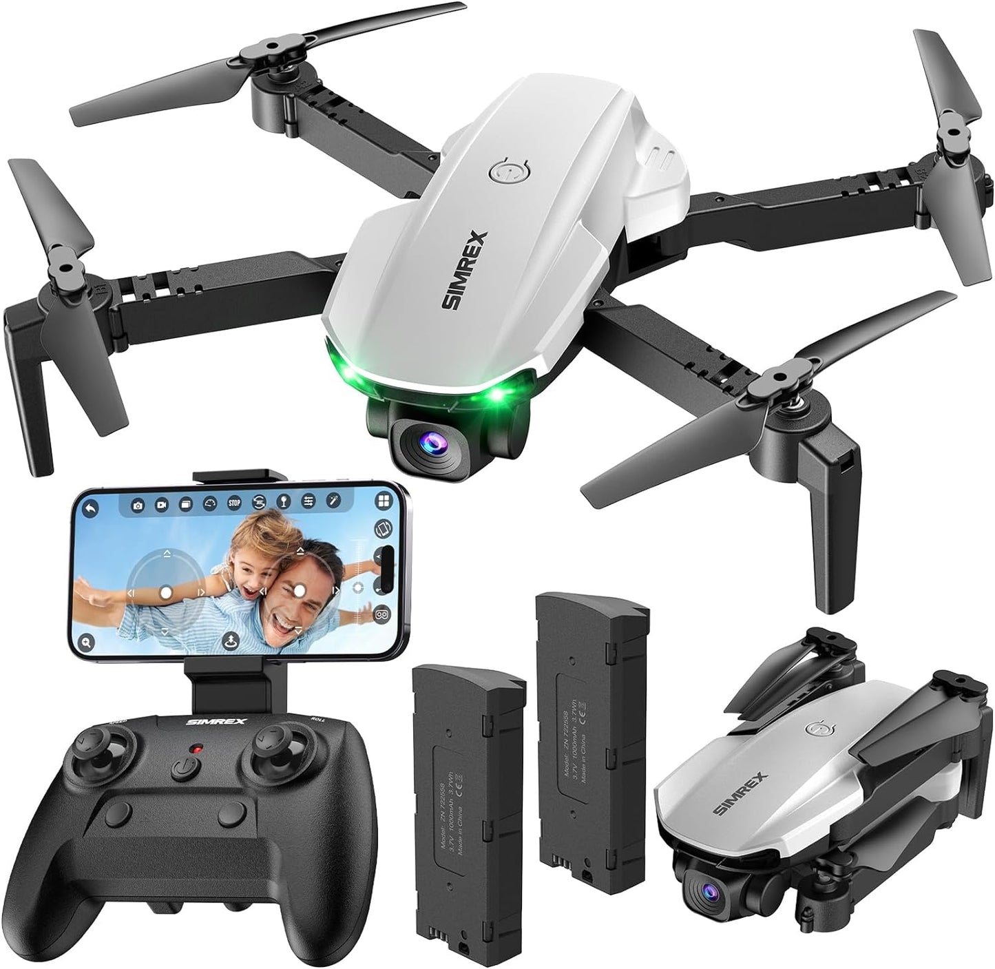 SIMREX X800 Drone with Camera for Adults Kids, 1080P FPV Foldable Quadcopter with 90° Adjustable Lens, RGB Lights, 360° Flips, One Key Take Off/Landing, Altitude Hold, 2 Batteries