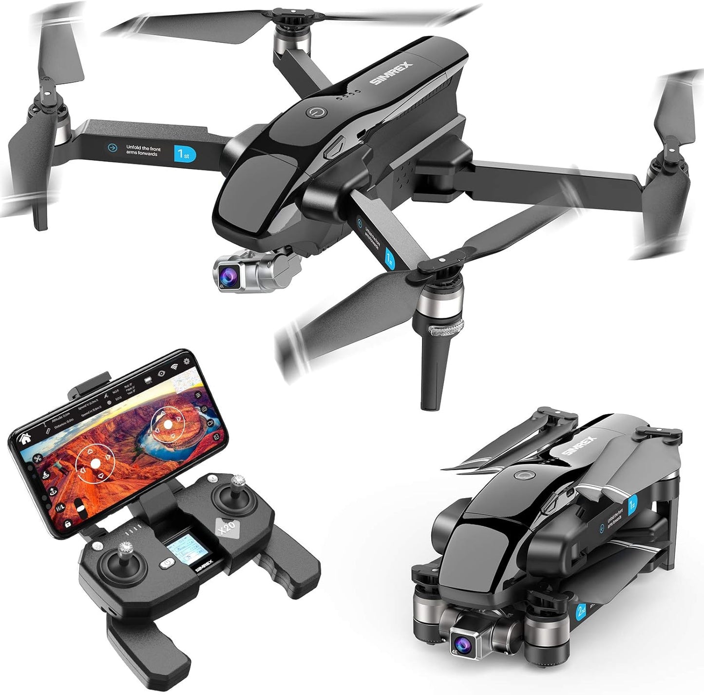 SIMREX X20 Drones with Camera 4K Professional Record Video Drone for Kids or Adults Provides 30 Minutes of Flight Time Automatic Return GPS Fixed Point or Surround Flight remote app controlled drones